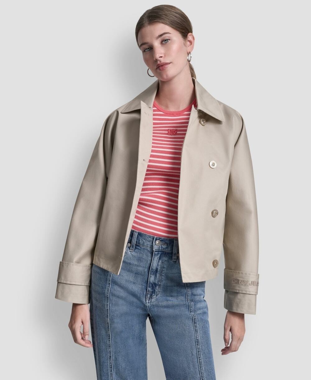 DKNY Jeans Women's Short Single Breasted Trench Jacket Pebble Size L 3715